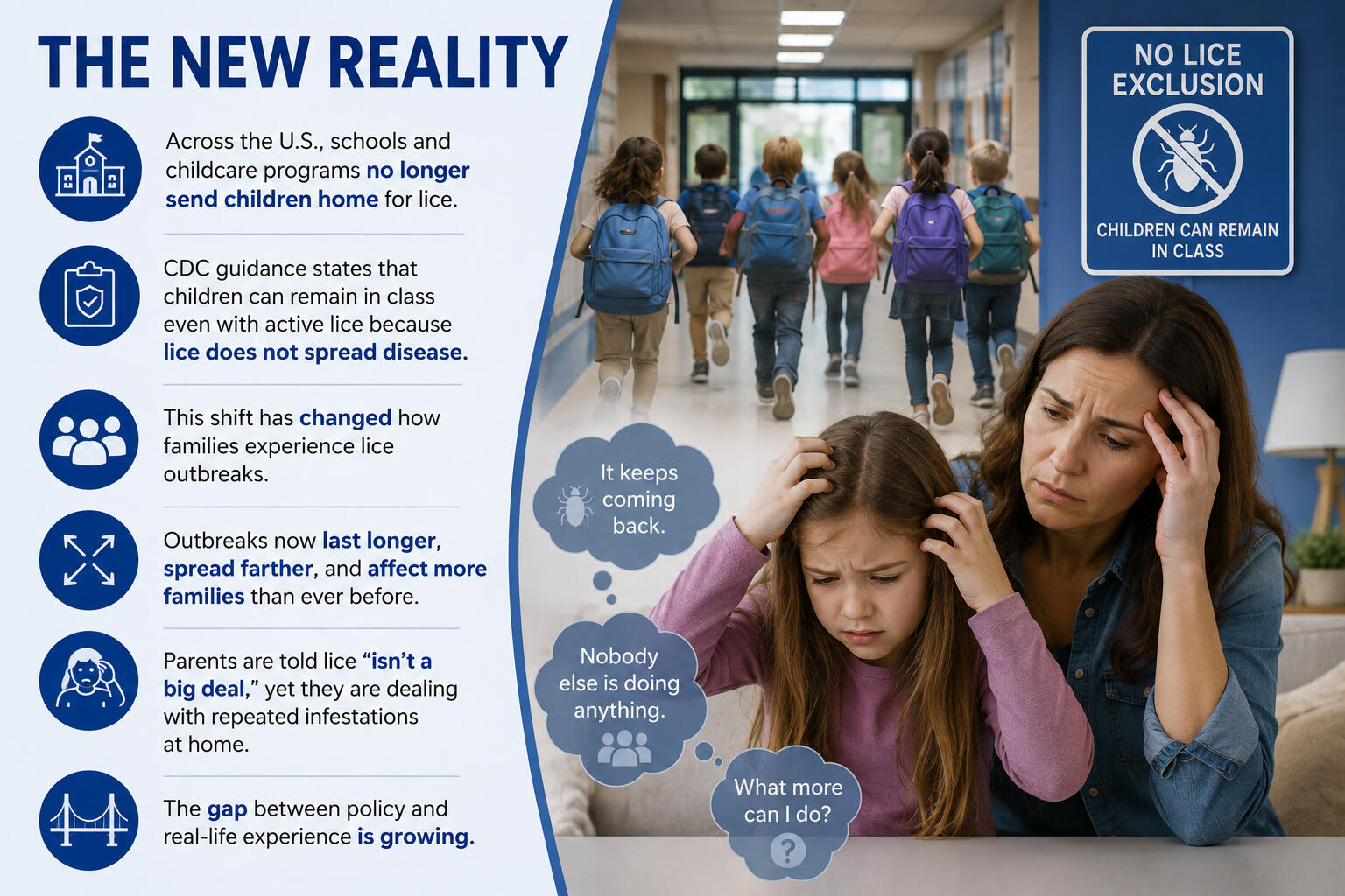 The New Reality of Lice Prevention in Schools A school hallway with children and backpacks is paired with a concerned mother checking her daughter’s hair, illustrating how changes in school lice policies can contribute to repeated lice outbreaks and challenges for families.