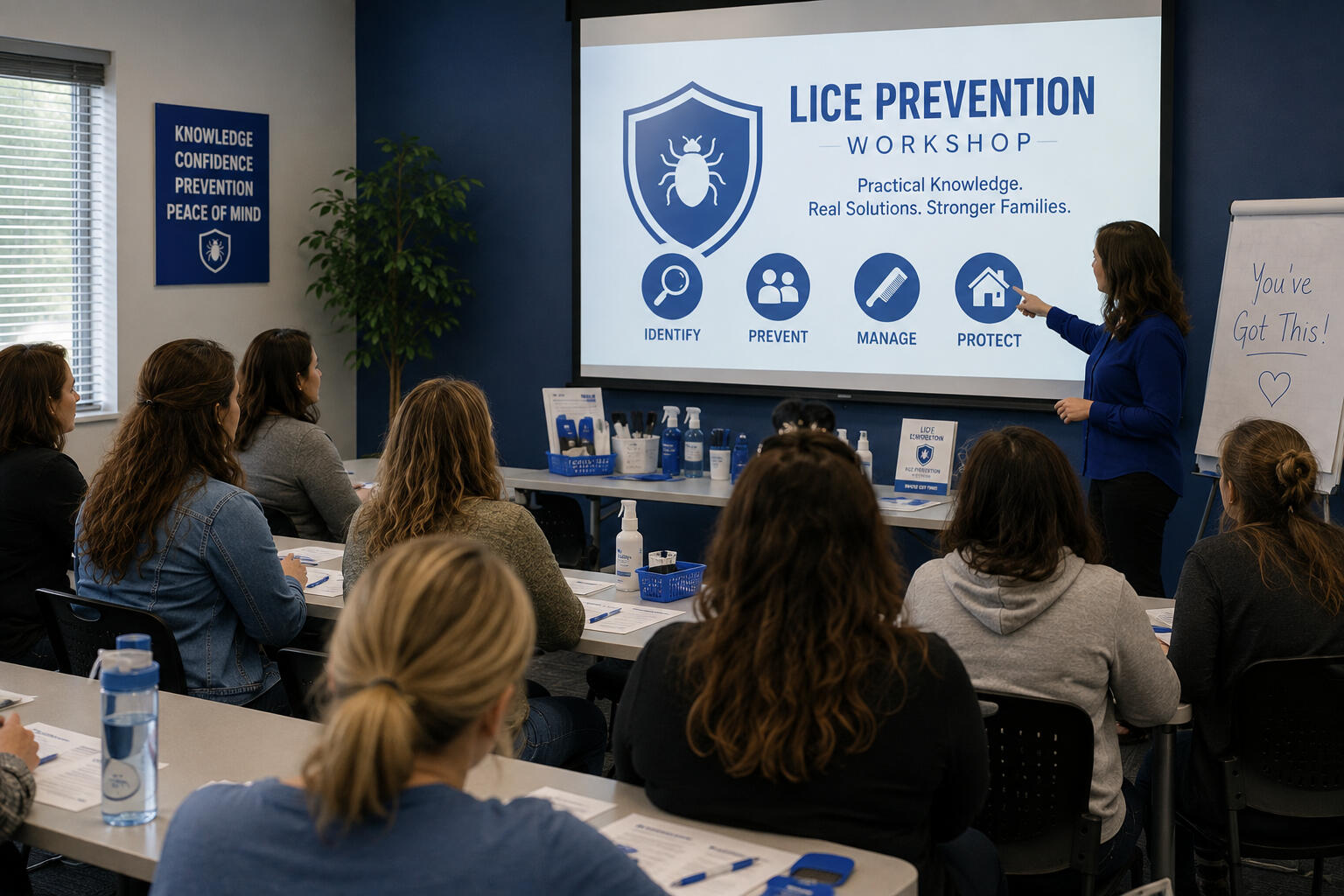 Lice Prevention Workshop Classroom Training A realistic classroom workshop where parents and caregivers listen to an instructor presenting a lice prevention lesson on a projector. The blue-and-white setting, educational materials, and engaged attendees convey a practical, supportive learning environ