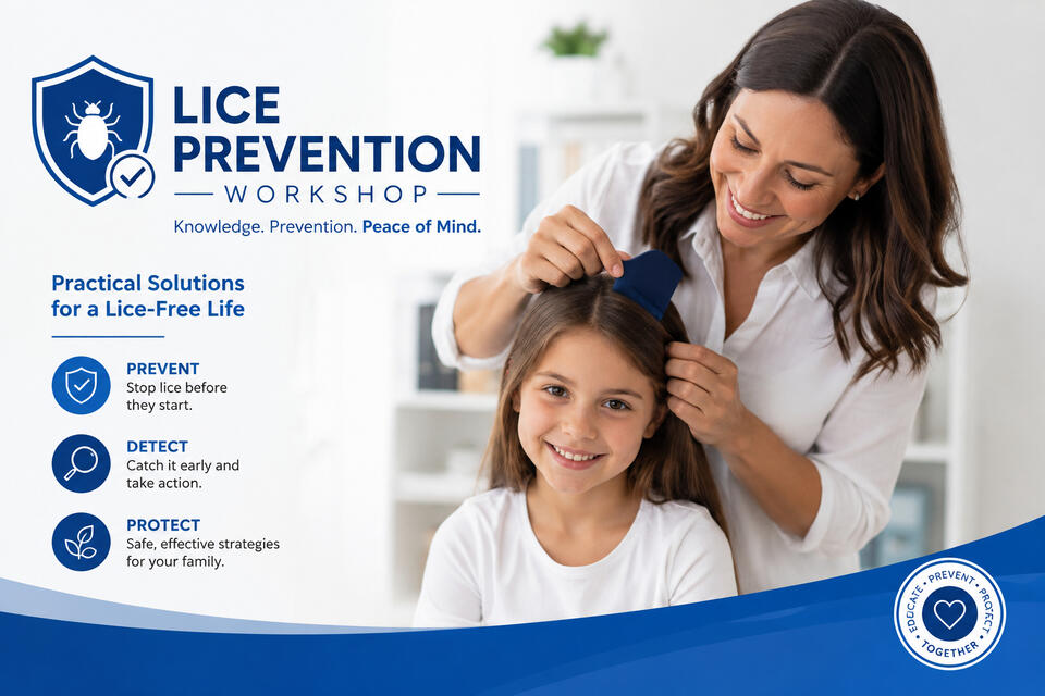 Lice Prevention Workshop – Knowledge, Prevention & Peace of Mind A mother gently checks a young girl’s hair with a blue comb in a bright home, alongside a blue-and-white Lice Prevention Workshop graphic highlighting prevention, early detection, and family protection.